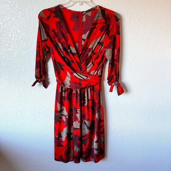 Zara Dresses & Skirts - Zara red floral print knee length faux wrap v neck dress